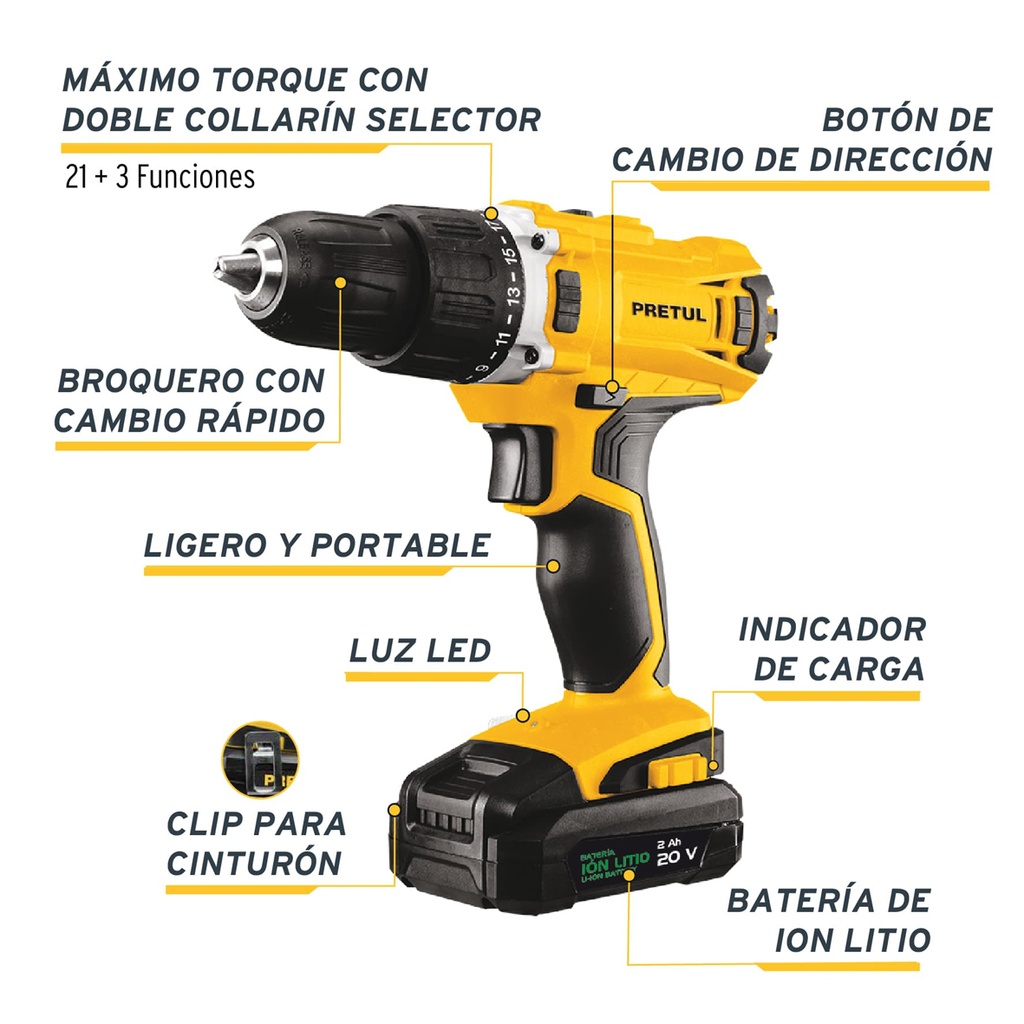 Rotomartillo 1/2', 20V, 1 batería 2Ah, PRETUL