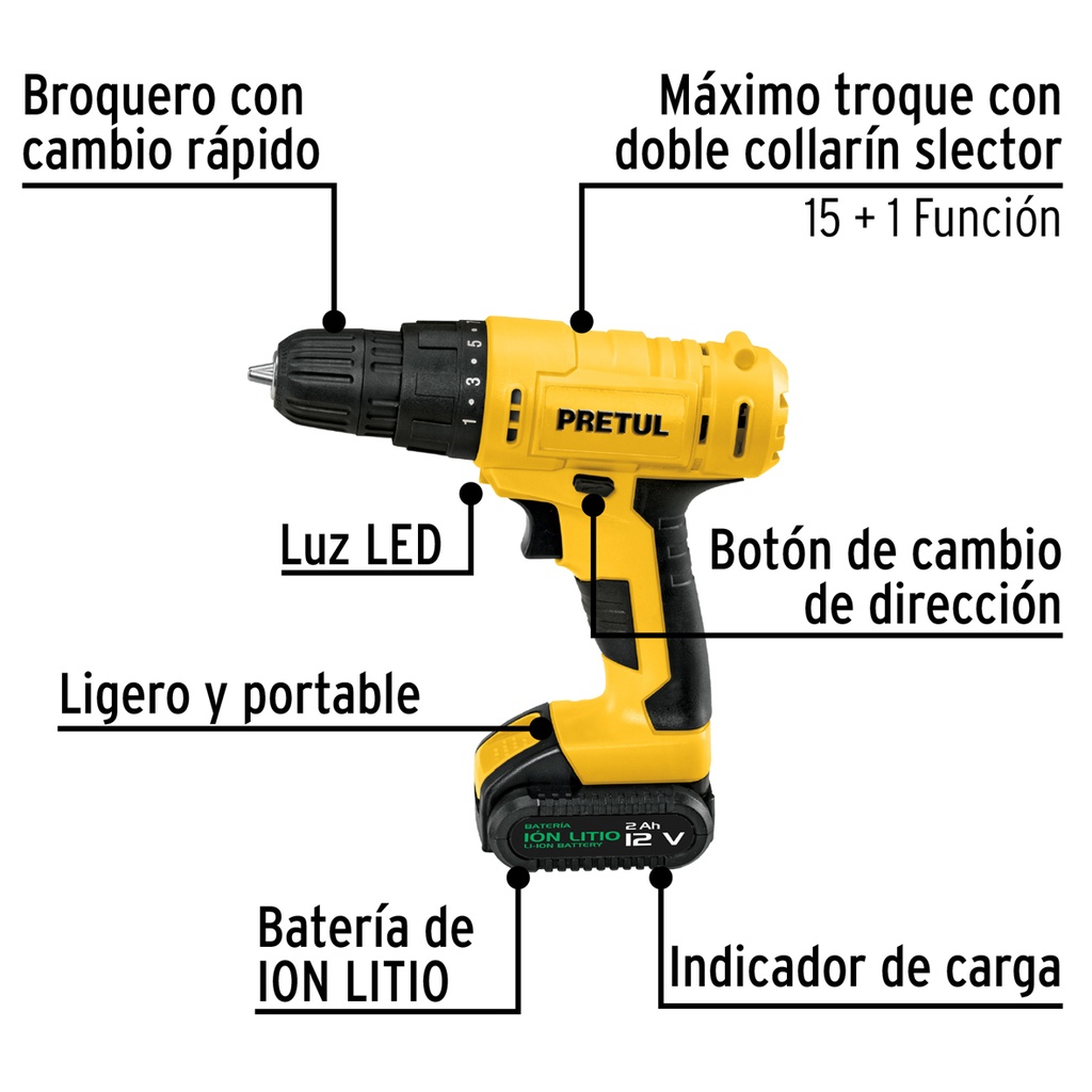Taladro 3/8', 12V, 1 batería 2Ah, PRETUL