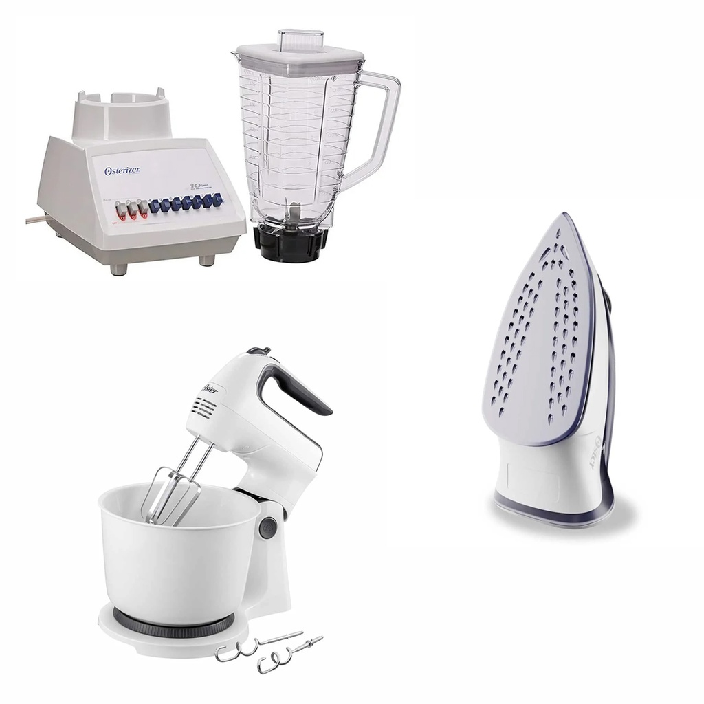 Kit hogar Licuadora, Batidora de mano y pedestal y Plancha de vapor