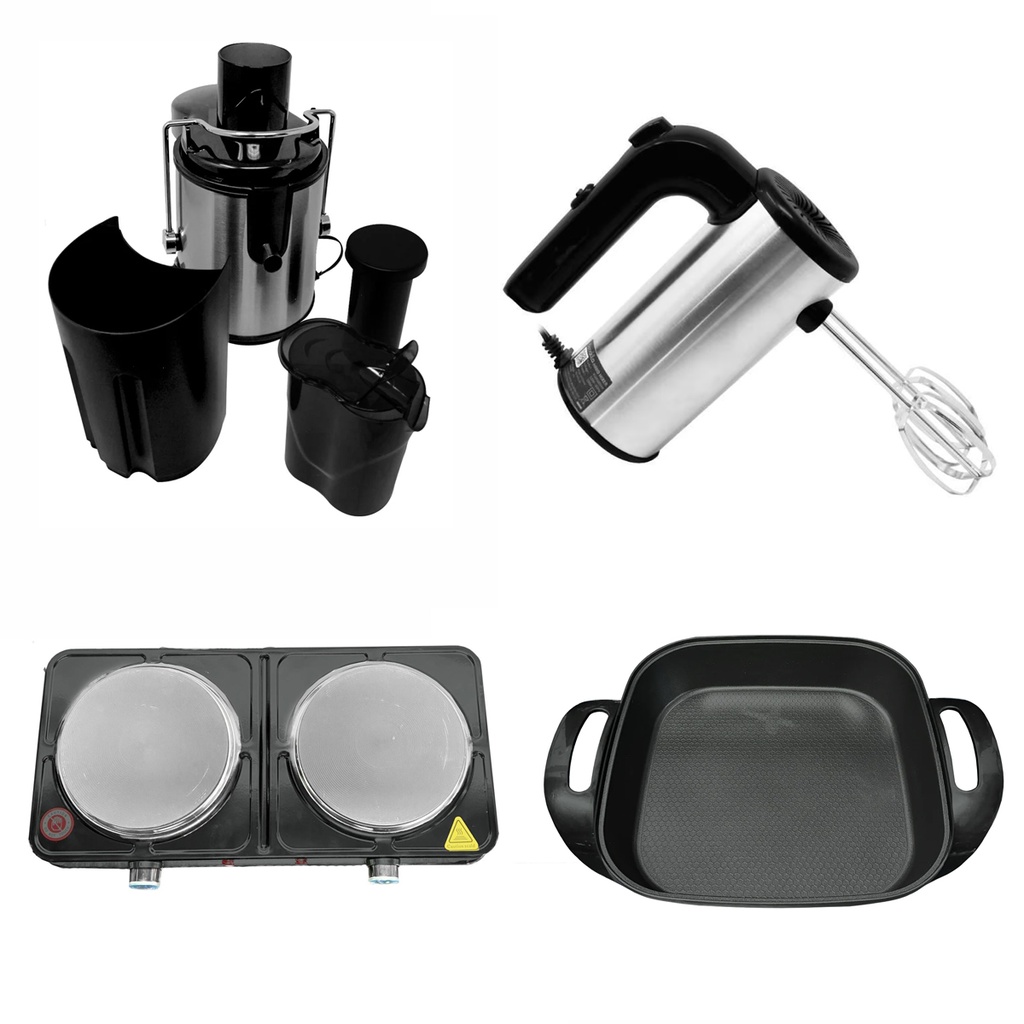 Kit cocina Extractor de jugos, Batidora manual, Parrilla eléctrica y Sartén eléctrico