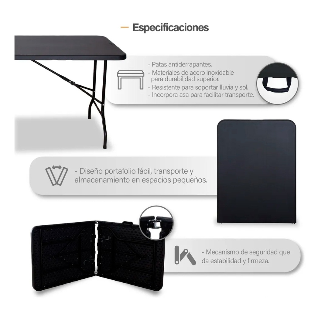 Mesa plegable tipo portafolio de plástico 1.80m negro MESPL442 Frutivegie
