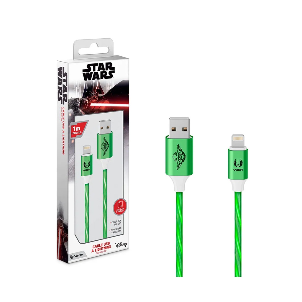 Steren Cable USB a Lightning con luz LED Star Wars de 1 m Verde Mod.POD-425/SW